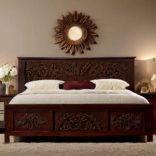 Image similar to award-winning catalog photo modern light wooden headboard in the shape of an ornate fireplace mantel master bedroom