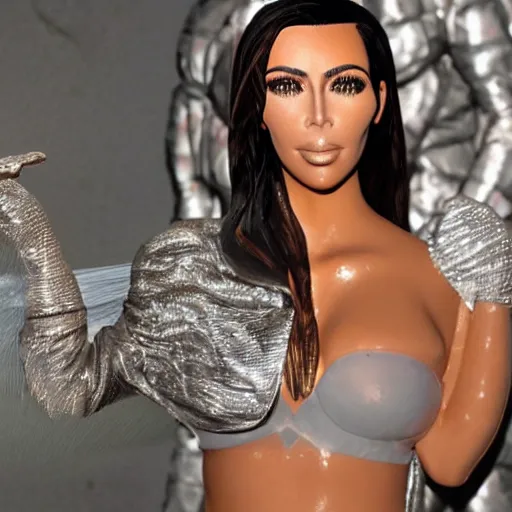 Prompt: a tinfoil sculpture of kim kardashian