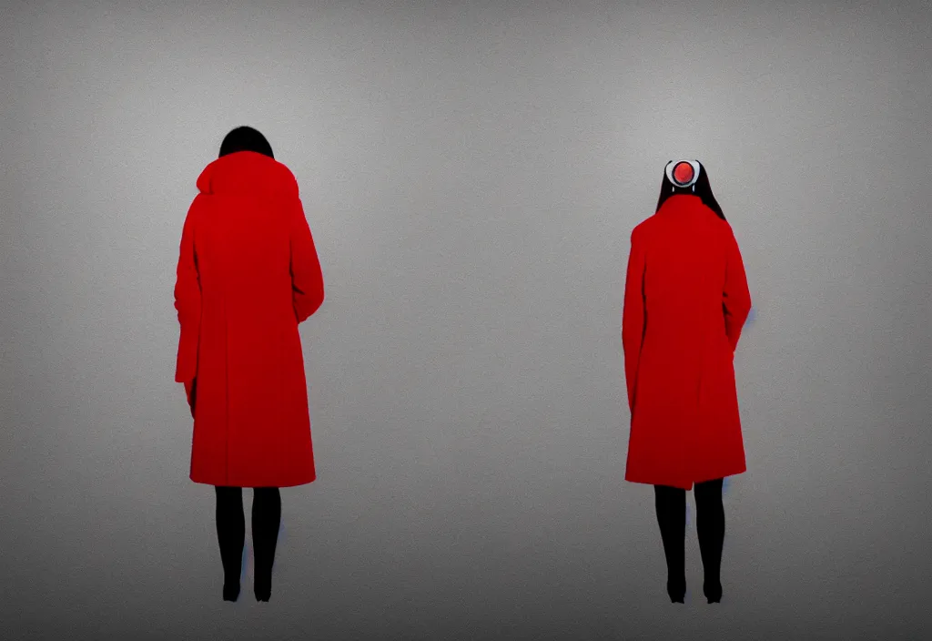 Prompt: young european woman in a long red coat peering through binoculars, portait, in the style of wes anderson, rene magritte, lola dupre, david hockney, isolated on white background, dark monochrome neon spraypaint accents octane render