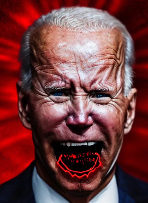 Image similar to hyper realistic ultra realistic horror terror dimensional photo furious glowing red eyes biden, high quality photo, detailed , 8k