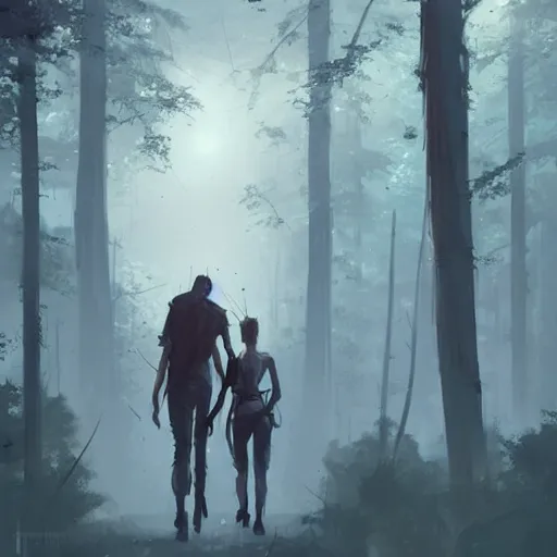 Image similar to concept art by greg rutkowski, a very tall and slender young man walking with a very tall and slender woman through a forest of giant trees, dark atmosphere, surrounded by fireflies, detailed portraits, disturbing atmosphere, scifi, digital painting, artstation, concept art, smooth, sharp foccus ilustration, artstation hq