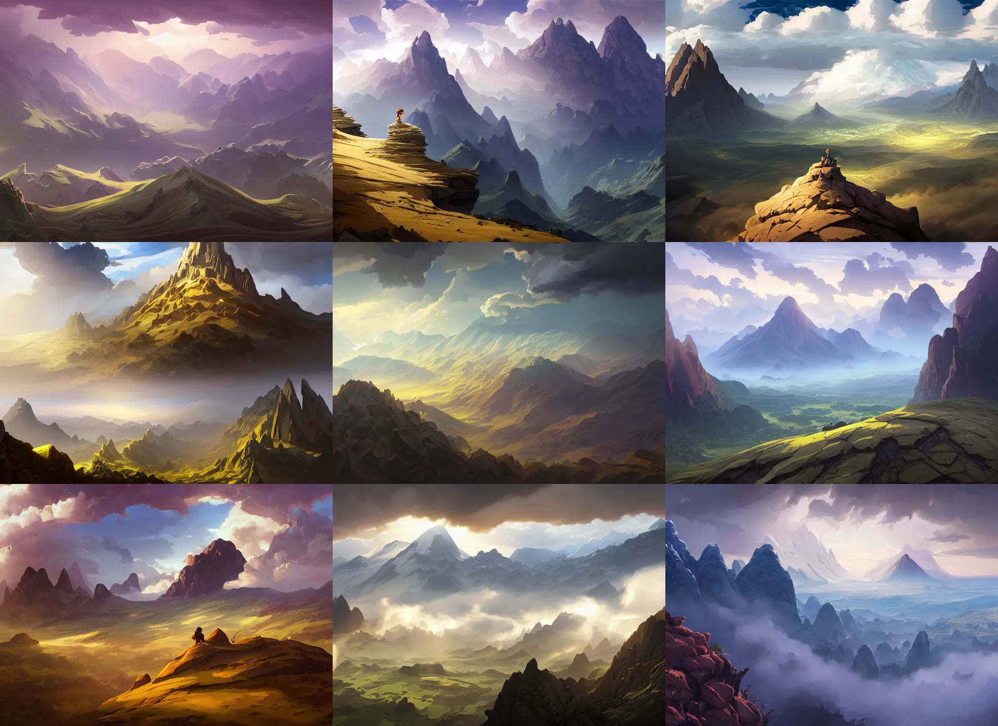 Image similar to mountain landscape without people, extreme view angle, above low layered clouds, thunder sky, deep focus, fantasy, intricate, elegant, highly detailed, digital painting, artstation, concept art, matte, sharp focus, illustration, hearthstone, art by rhads and artgerm and greg rutkowski and alphonse mucha.