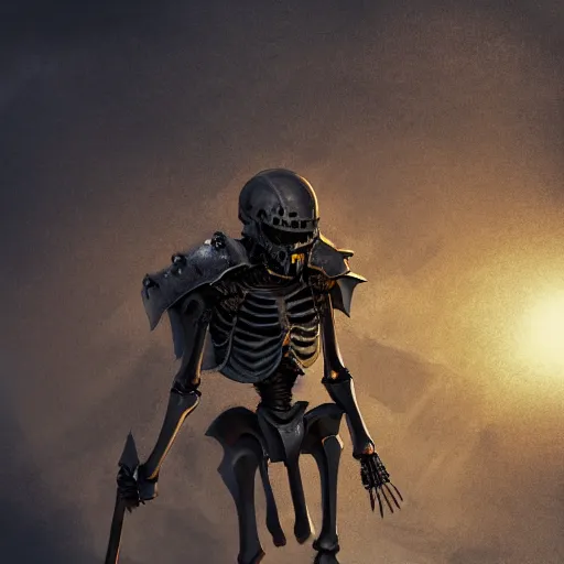 Image similar to in the style of shannon perry, a skeleton knight in black full plate armor standing on the battlefield surrounded by dead bodies, golden hour, shallow depth of field, moody lighting, 8 k, concept art,