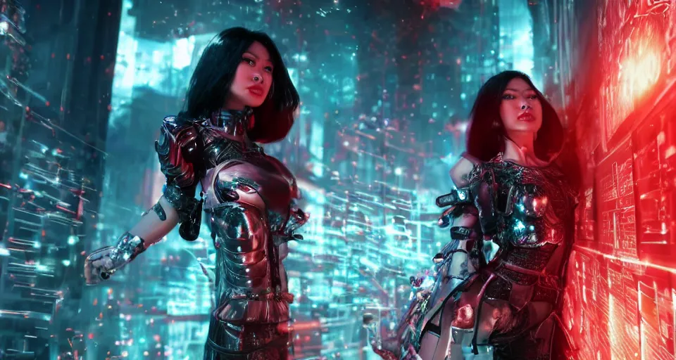 Prompt: a very hot scarlet asian necromancer in cyberpunk-plate-armor, Ultra-HD, doing a summoning futuristic ritual with giant holograms floathing in the air around her, Volumetric Lighting, Screen Space Global Illumination, Opaque, Optics, Lumen Reflections, VFX, insanely detailed and intricate, hypermaximalist, elegant, ornate, hyper realistic, super detailed, full body, octane render, unreal engine