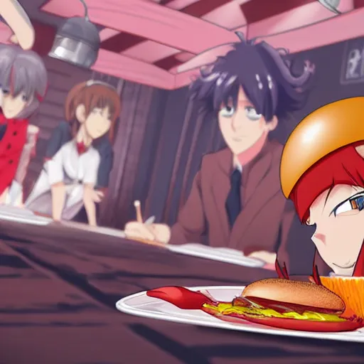 Image similar to a hamburger in an anime battle, drawing, cinematic,