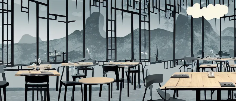 Prompt: a beautiful simple interior 4 k hd wallpaper illustration of small roasted string hotpot restaurant restaurant yan'an, animation illustrative style, from china, wallpaper of tower and mountains, rectangle white porcelain table, black chair, fine simple delicate structure, simple style structure decoration design, victo ngai, james jean, 4 k hd