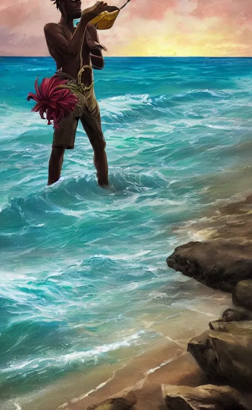 Image similar to A beautiful painting of a singular Jamaican man fishing at edge of the Jamaican sea by Ross Tran, style of League of Legends