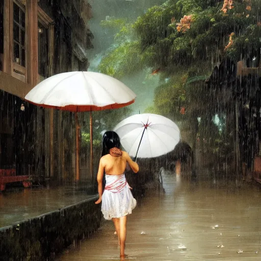 Image similar to monsoon on tropical island, endowed oriental girl in white, frontal, ornate, beautiful, atmosphere, vibe, mist, coconuts, rain, wet, pristine, puddles, melting, dripping, snow, creek, lush, ice, bridge, forest, roses, flowers, by stanley artgerm lau, greg rutkowski, francisco de goya