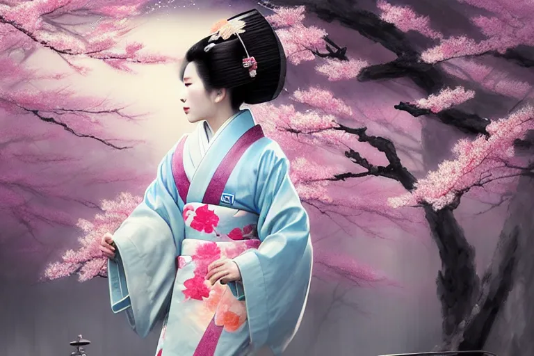 Image similar to a beautiful geisha tardigrade!!! wearing a kimono at a fireworks sakura festival. rainy, dreamlike art, mist, realistic shaded, fine details, 4 k realistic, cryengine, realistic shaded lighting poster by greg rutkowski, magali villeneuve, artgerm, jeremy lipkin and michael garmash and rob rey