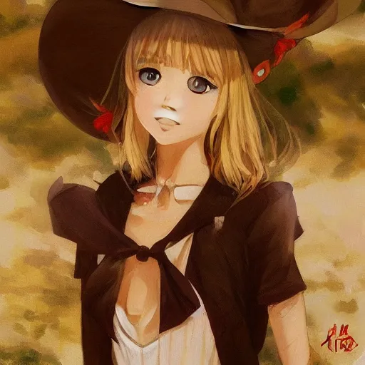 Prompt: Classical oil painting of Kirisame Marisa by Cushart Krenz, beautiful anime artwork, official artwork, stylistic, Touhou character, brush strokes, oil, canvas