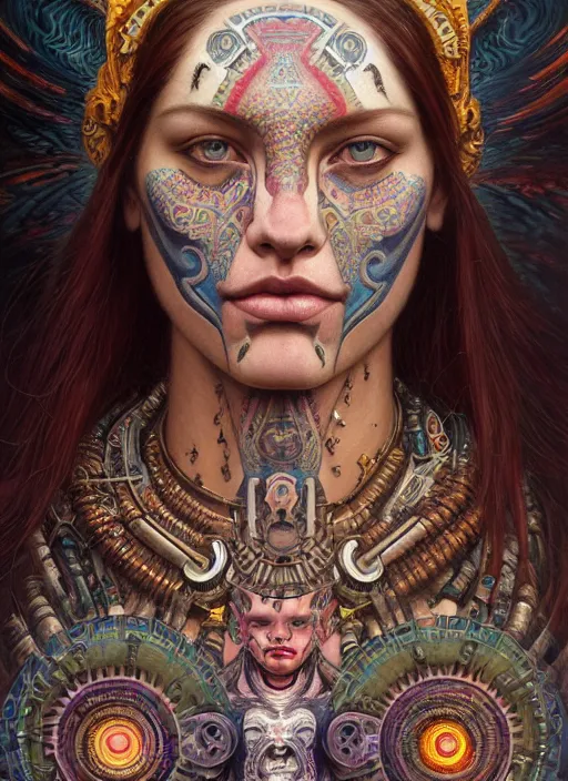 Image similar to hyper detailed masterpiece beautiful aztec face tattoo girl by donato giancola and tom bagshaw, face by artgerm and edmund leighton, and h. r. giger, trending on artstation, colorful, psychedelic aesthetic, ornate, background by james jean, 8 k, biomechanical, majestic, volumetric lighting, porcelain skin, concept art, sharp focus