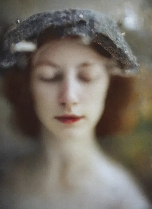Prompt: small medieval helm, out of focus!!!! photorealistic portrait of a beautiful pale woman by saul leiter, very blurry!!!!, translucent white skin, closed eyes, foggy, pale lips