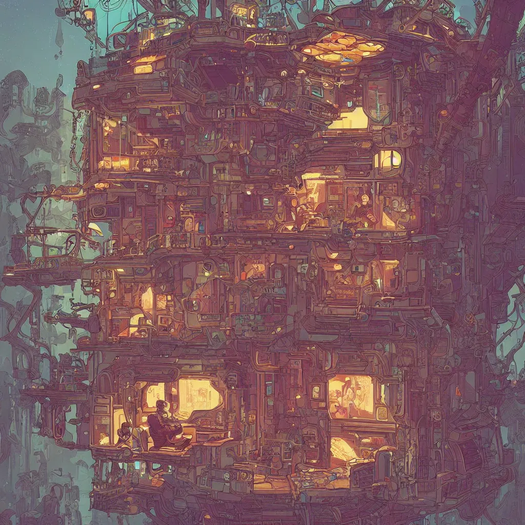 Image similar to Stunningly intricate illustration of an explorer playing video games in his treehouse, wearing cyberpunk headpiece, highly detailed, midnight, by Josan Gonzalez and James Gilleard , Moebius, Laurie Greasley