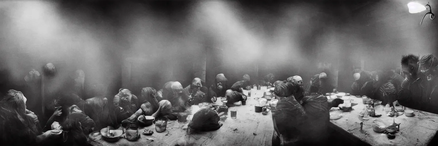 Image similar to Award Winning Editorial wide-angle picture of a Tramps in a new York Soup Kitchen by David Bailey and Lee Jeffries, called 'The Last Supper', 85mm ND 5, perfect lighting, gelatin silver process