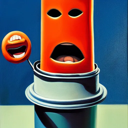 Image similar to a tin can character with a face and arms, opening its mouth, surrealist oil painting