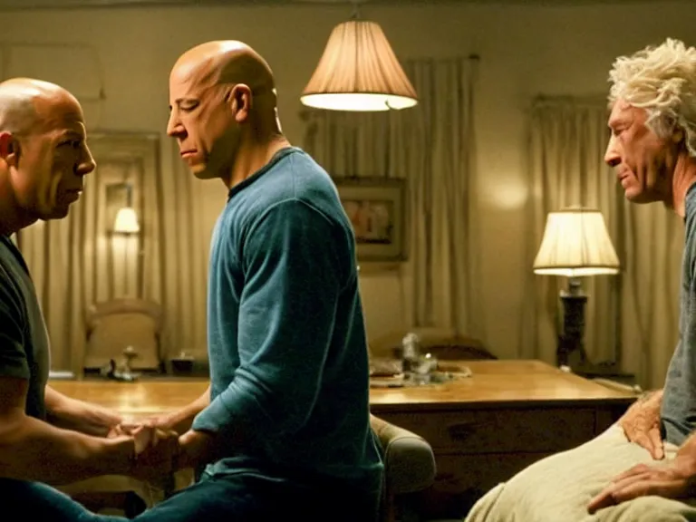 Prompt: a scene from a deeply emotional movie about a fragile masculinity that has troubles adjusting to modern values. a warm romantic movie starring mikael persbrandt and vin diesel as an elderly couple and their struggle with healthy masculinity by director quentin tarantino, blue - ray screenshot, filmed by roger deakins