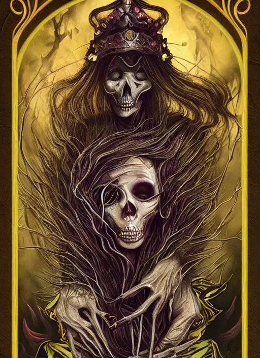 Image similar to queen of heats death tarot card, highly detailed, half skull face, cinematic, 8 k, bymegan duncanson, benjamin lacombe, naoto hattori, adrian borda, giger, trending on deviantart, hyper detailed, horror, full of colour