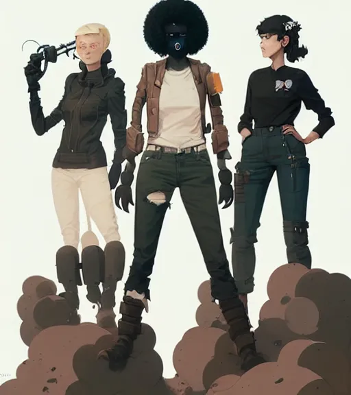 Image similar to portrait of stoic heroic blonde tomboy butch woman engineer and tall black - haired goth feminine woman standing back to back by atey ghailan, by greg rutkowski, by greg tocchini, by james gilleard, by joe fenton, by kaethe butcher, dynamic lighting, gradient light blue, brown, blonde cream and white color scheme, grunge aesthetic