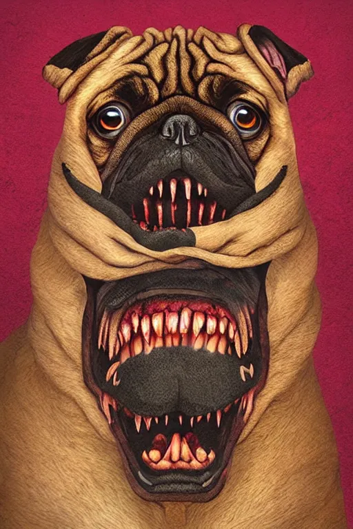 Image similar to demon pug eating flesh. art by mike winkelmann, sticker, illustration, highly detailed,