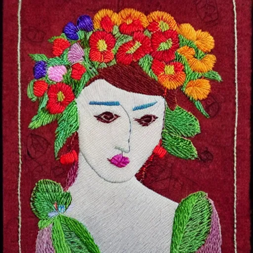 Prompt: a beautiful handmade embroidery of a woman with flowers. hand embroidery.