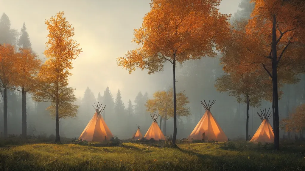 Image similar to beautiful render of a group of teepees, unreal engine, evening, soft light, forest, fall, orange leaves, larches, early morning, fog, mist, by greg rutkowski, cgsociety