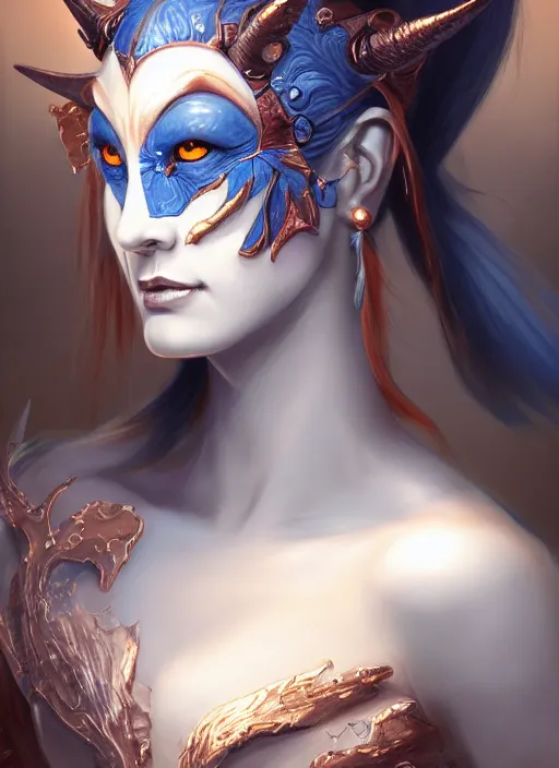 Image similar to a beautiful detailed oil on copper art illustration of a japanese blue devil mask devil woman, centered, by charlie bowater, zeng fanzh, trending on artstation, dim dusk lighting, cinematic lighting, detailed lighting, volumetric lighting, realistic, f 8, 4 k hd wallpaper