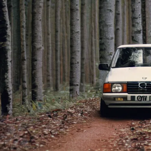 Image similar to vhs footage of a 1 9 9 5 volvo car in a snowy forest