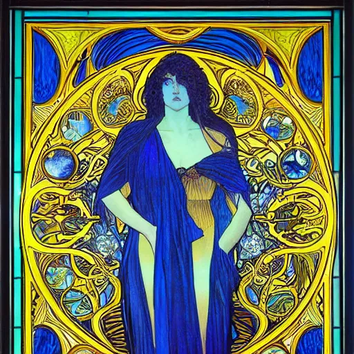 Prompt: the longest night, dark night with moon and candle, by alphonse mucha and alex grey, ultramarine blue and gold, intricate stained glass