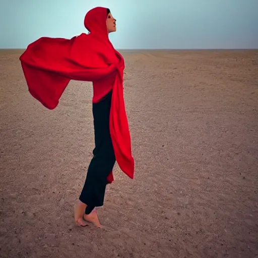 Prompt: a fashion model covered by a red scarf blowing in the wind in the desert, e by richard benning, pinterest, figuration libre, redshift, feminine, angular