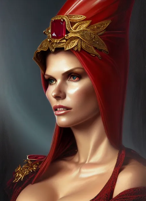 Image similar to portrait of victoria silvstedt as a sultry lady, collar, jewelry, greek, ruby, intricate, headshot, highly detailed, digital painting, artstation, concept art, sharp focus, cinematic lighting, illustration, art by artgerm and greg rutkowski, alphonse mucha, cgsociety