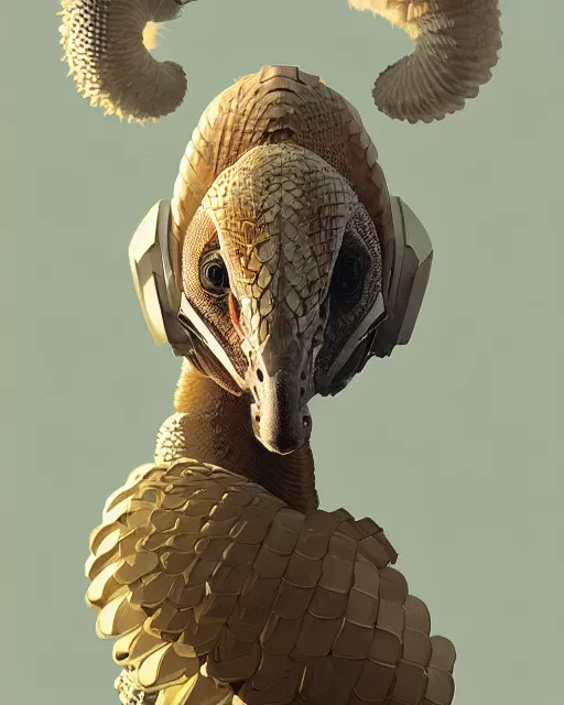 Image similar to highly detailed vfx portrait of a cyborg pangolin. wearing white and gold scaled armor. unreal engine, greg rutkowski, loish, rhads, beeple, makoto shinkai and lois van baarle, ilya kuvshinov, rossdraws, tom bagshaw, alphonse mucha, global illumination, detailed and intricate environment