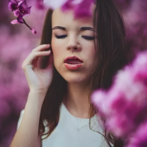 Image similar to , a photo of a beautiful lady with flowers coming out of her mouth 5 0 mm lens, f 1. 4, sharp focus, ethereal, emotionally evoking, head in focus, volumetric lighting, blur dreamy outdoor,