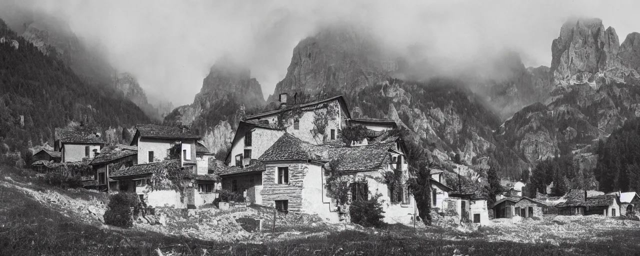 Image similar to 1920s black and white photography of an isolated old village with ghostly wood buildings in the dolomites, big tyrolean solstice fire