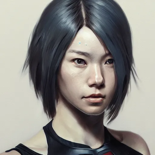 Image similar to portrait of a cyborg by greg rutkowski, she is about 3 0 years old, korean, pale, black bob hair, she is wearing a black tank top, highly detailed portrait, digital painting, artstation, concept art, smooth, sharp foccus ilustration, artstation hq