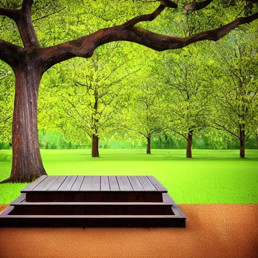 Image similar to square wooden platform built around a tree, realistic, photo,