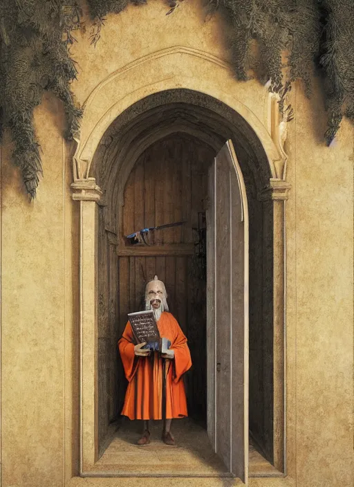 Prompt: an old wizard in robes holding a book standing in front of an elaborate ancient wooden door, beautiful colourful fantasy rendering, Agnolo Bronzino, Simon Stälenhag, ilm, beeple, N.C. Wyeth