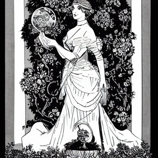 Image similar to a royal portrait of a cyborg woman. she holds a globe in one hand and flowers in the other. illustrated by burton rice. black orchids. 1 9 1 2.