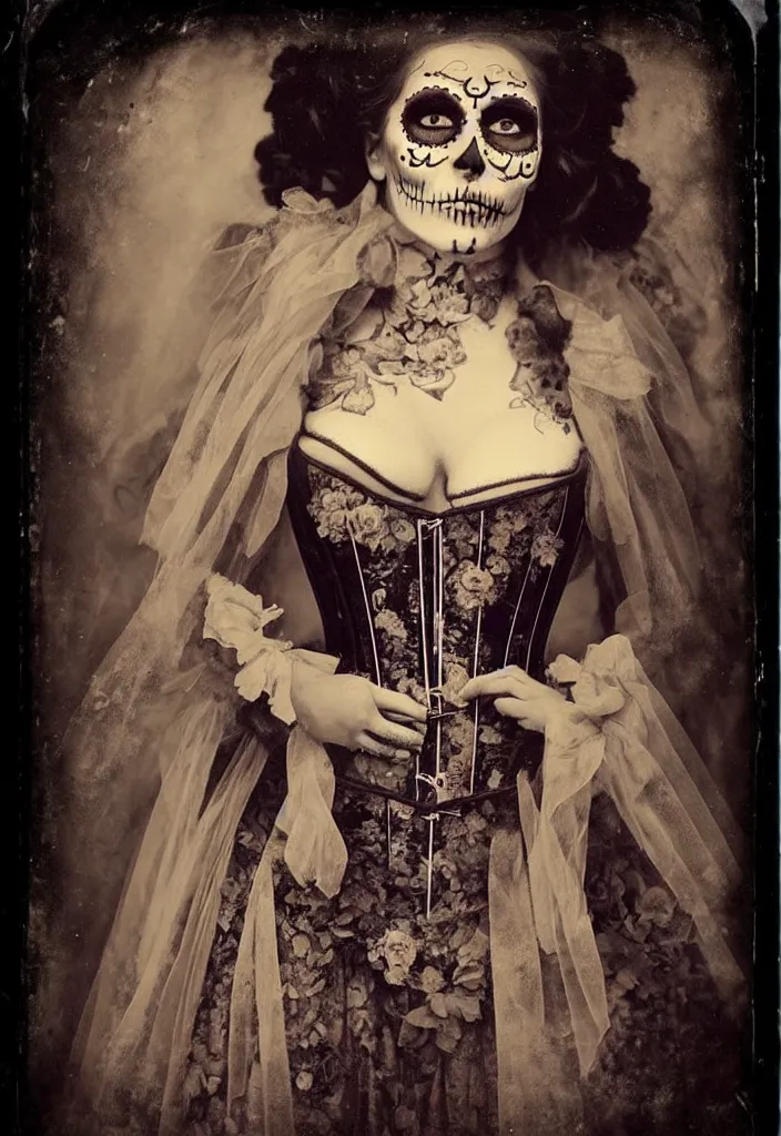 Image similar to tintype full body view, woman veiled dia de muertos dress and make up, corset garters and stockings, horrific beautiful vibe, evocative, atmospheric lighting, painted, intricate, highly detailed,