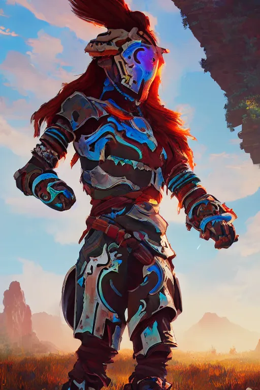 Image similar to combination suit armor aloy horizon forbidden west horizon zero dawn radiating a glowing aura global illumination ray tracing hdr fanart arstation by ian pesty and alena aenami artworks in 4 k tribal robot ninja mask helmet backpack