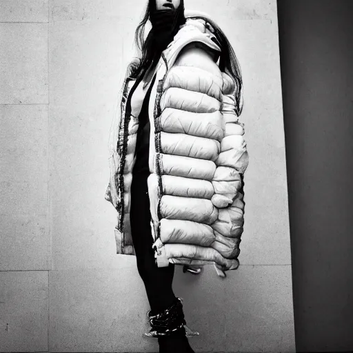 Image similar to well lit fashion shoot portrait of extremely beautiful female marble statue wearing huge over size puffer jacket by dingyun zhang, yeezy, balenciaga, vetements, a cold wall, sharp focus, clear, detailed,, cinematic, detailed, off white, glamourous, symmetrical, vogue, editorial, fashion, magazine shoot, glossy