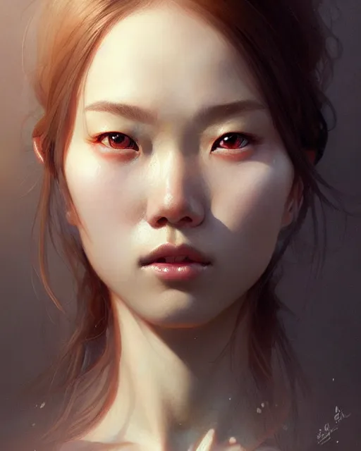 Image similar to Close-up portrait of half-korean, half-nordic girl, portrait, highly detailed, digital painting, artstation, concept art, sharp focus, illustration, art by artgerm and greg rutkowski and alphonse mucha