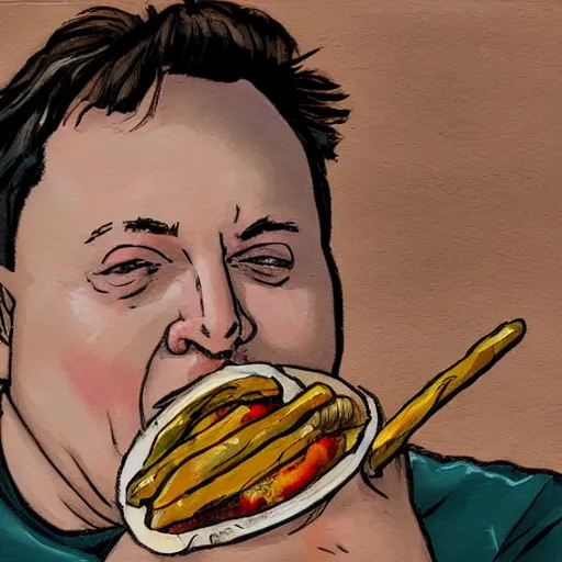 Prompt: portrait photograph of a fat elon musk eating a chicken drumstick, ultra detailed
