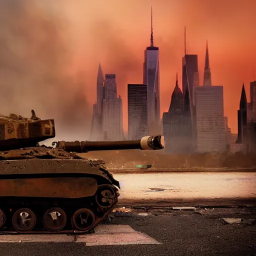 Prompt: destroyed ( ( tank ) ) in front of the new york skyline, smoking and burning, reflections, award winning photograph, sunset, desolate, atmospheric