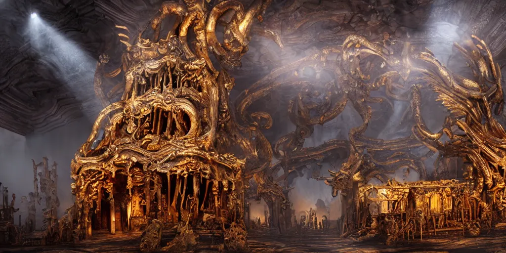 Image similar to ancient temple made of ribs and spines and teeth, gold ram horns, copper goat skulls, grand imposing powerful sculpture. swirls of mist. intense light beams, lens flare. occult photorealism, uhd, amazing depth, volumetric lighting, cinematic lighting. epic landscape.