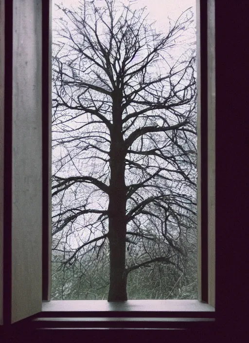 Image similar to a view of a tree through a window, a picture by weiwei, pexels, arbeitsrat fur kunst, photo taken with fujifilm superia, wimmelbilder, photo taken with provia