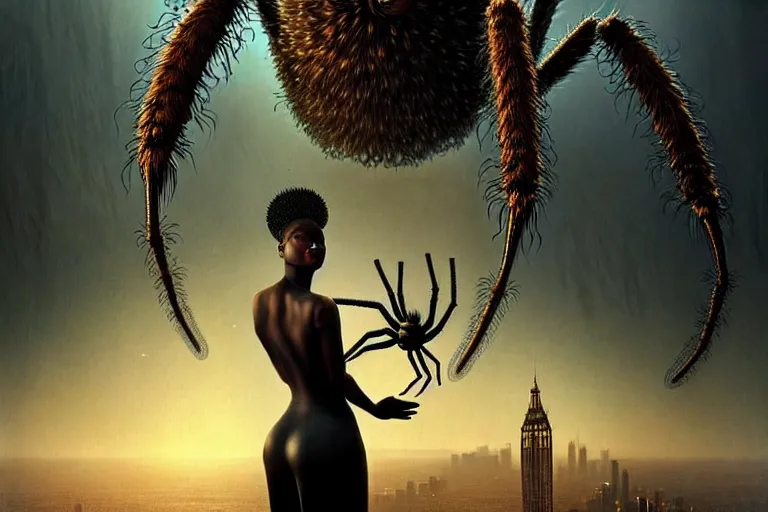 Image similar to realistic detailed photorealistic portrait movie shot of a beautiful black woman with a giant spider, dystopian city landscape background by denis villeneuve, amano, yves tanguy, alphonse mucha, ernst haeckel, david lynch, edward robert hughes, roger dean, cyber necklace, rich moody colours, wide angle