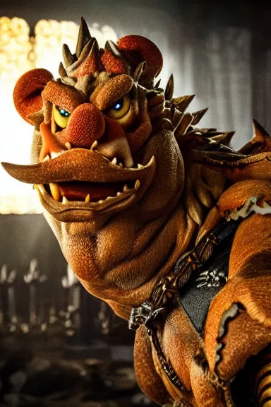 Image similar to very very intricate photorealistic photo of bowser in an episode of game of thrones, photo is in focus with detailed atmospheric lighting, award - winning details