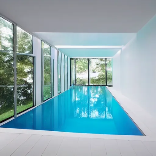 Prompt: a new swimming pool in a large white room with a door that leads to a gray room with on light on in it. dream like.