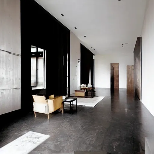 Prompt: “extravagant luxury city apartment interior design, by Tadao Ando, modern rustic, black walls”