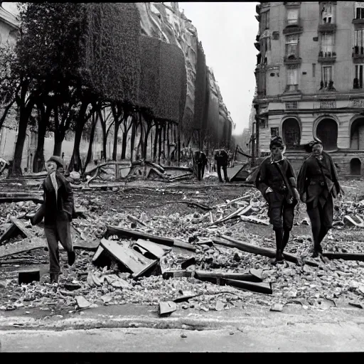 Prompt: Paris in ruins after war, Eiffel Tower destroyed, soldiers walking down the street, 35mm